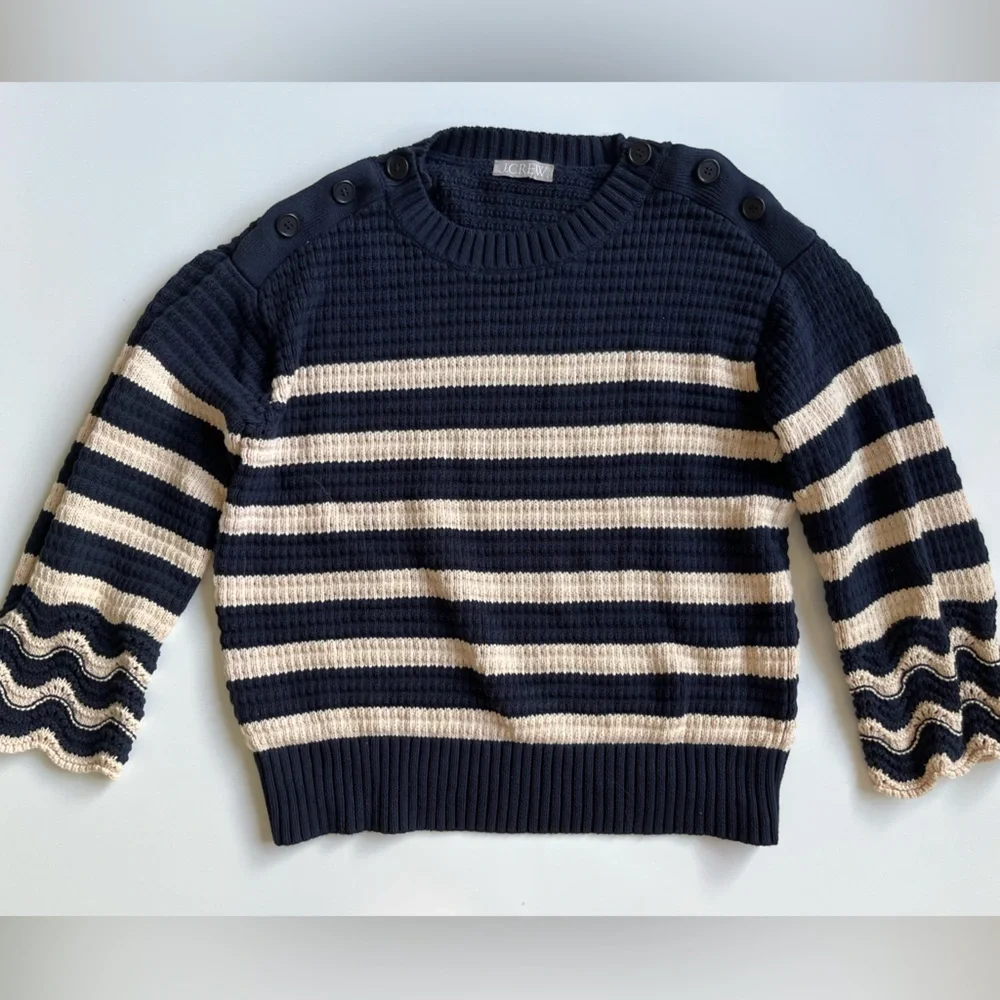 J. Crew Navy and Cream Striped Crew Neck Sweater- knit